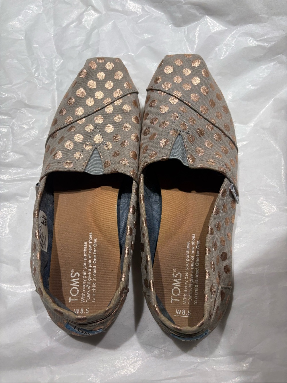 Toms Women's Gray Slip-On Flats with Metallic Rose Gold Dots